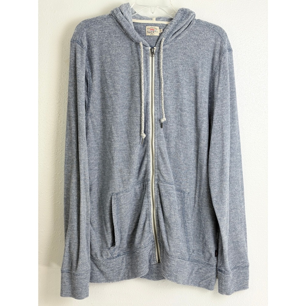 Faherty Blue Slub Knit Zip Up Hoodie Coastal Weekend Layering XL